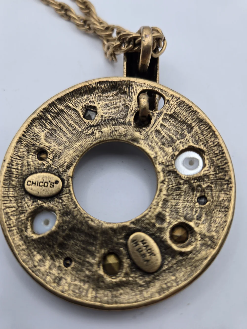 Chico's GoldTone Circle Pendant Necklace Color Crystal Pearl Accents MOD Retro